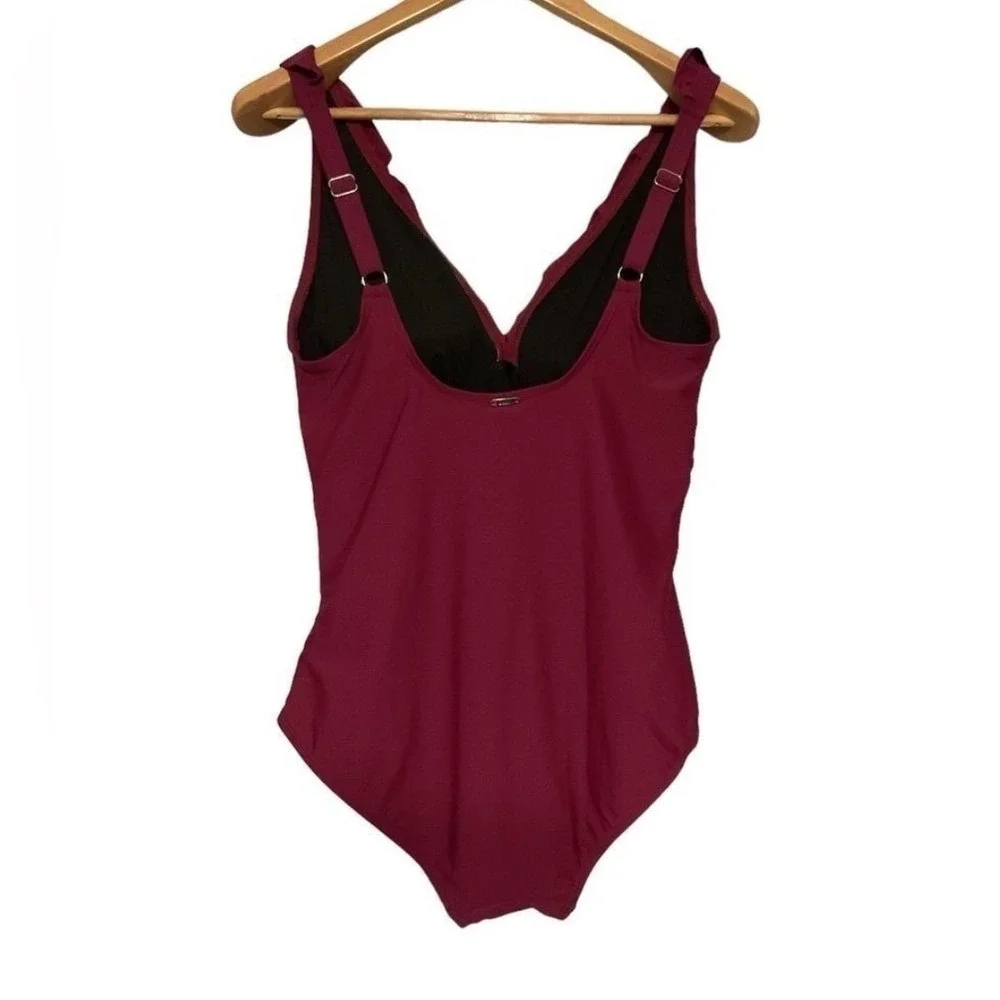 DKNY Womens Ruffle V-Neck One Piece Swimsuit Bordeaux Maroon Size 14 DI0MS691 - Picture 5 of 7